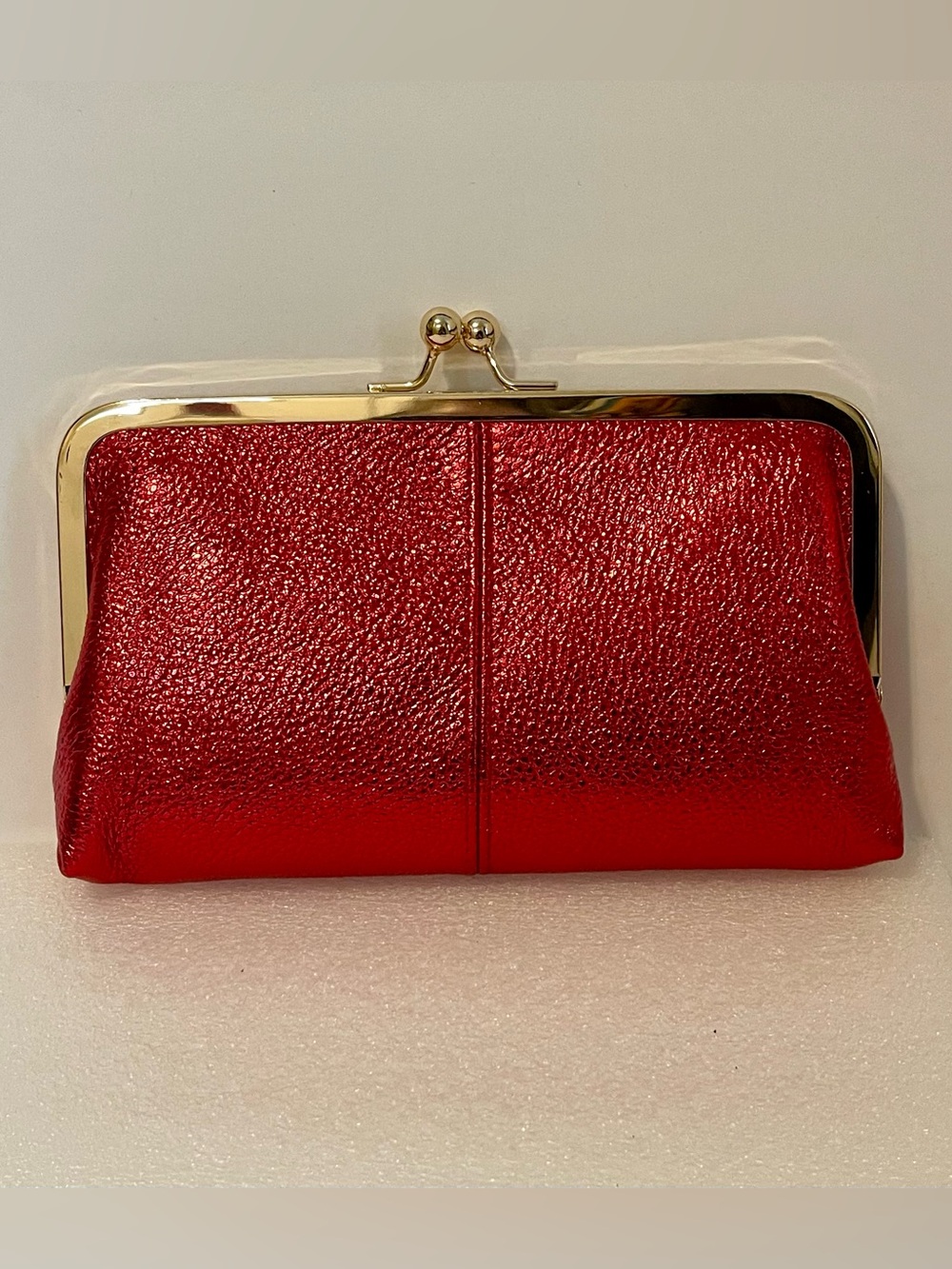 Classic Red Metallic Leather Clutch Wallet NWOT